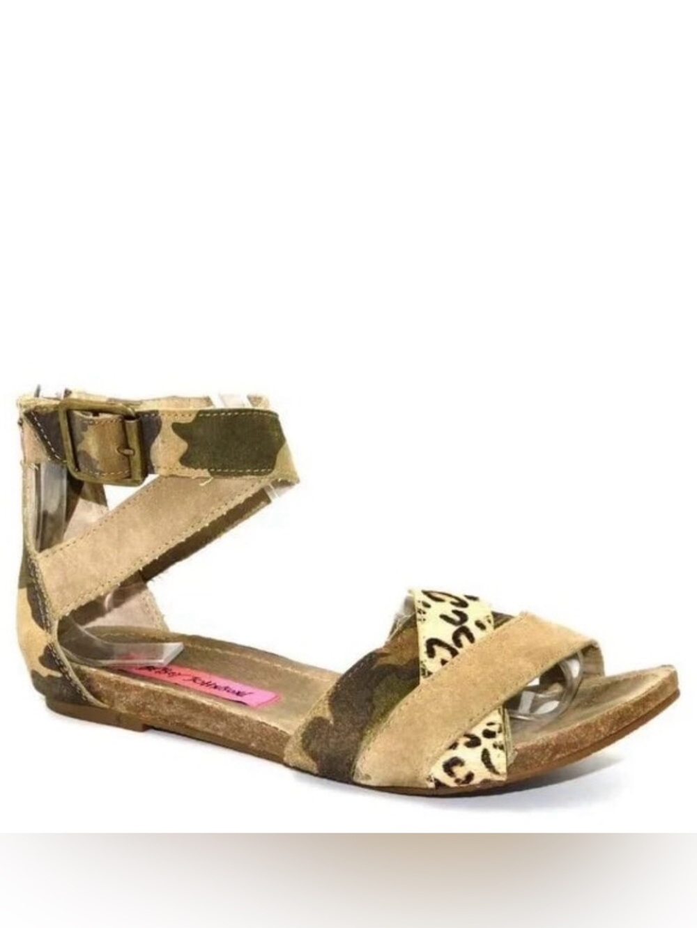 New BETSEY JOHNSON Fusion Cheetah Calf Hair Camo Suede Cross Straps Sandals 6.5